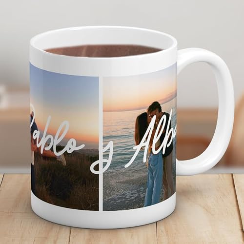 Cristal Plaque - Taza Cerámica Personalizada Parejas con 2 Fotos y Nombres | Acabado Premium y Asa Ergonómica | Regalo San Valentín, Cumpleaños y Aniversario | Taza Emotiva