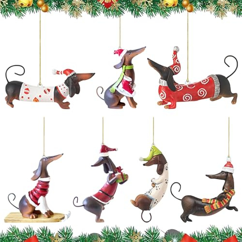 Dackel Weihnachtsschmuck,7 Stück Weihnachtsbaumschmuck Dackel,2D Weihnachtsanhänger Dackel,Dackel Geschenke,für Auto Ornament Geschenke und Home Decorations Party Supplies (B-7)