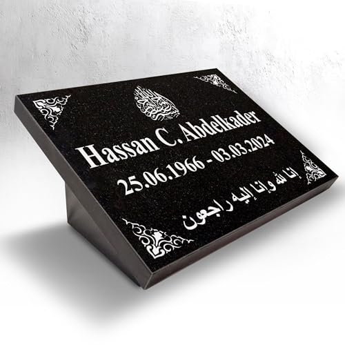 Grabstein Schwarz 40x30x3 cm – Granit Gedenkstein mit Gravur, Versiegelung & Stützen Set – poliert, geschliffene Kanten – wetterfest für Friedhof, Urnengrab XXL AAR02