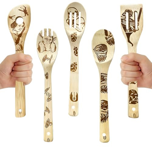 SoeUyd 5 Stück Star Ware Kochutensilien, Star Ware holzlöffel set, kochlöffel holz, aus Hochwertigem Bambus, Geeignet füR Einweihungen, Hochzeit, Thanksgiving, Weihnachten füR Familie und Freunde