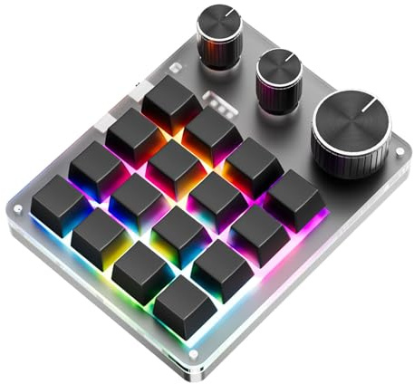 Tosuny Teclado Macro Programable, Teclado para Juegos Bluetooth de 16 Teclas con 3 Perillas y Controlador de Volumen, Teclado Macro OSU con Retroiluminación LED RGB para Wins, OS X (con (Black)