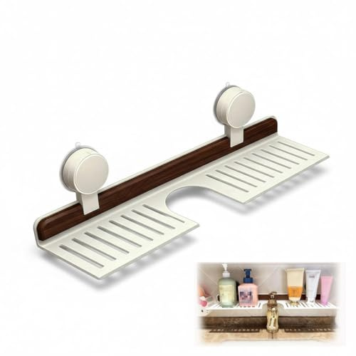 KeyoGoS Étagère à ventouse en noyer pour salle de bain et robinet de cuisine avec ventouse – Étagère d'évier et de robinet sans perçage pour salle de bain et cuisine (L, 40 cm)