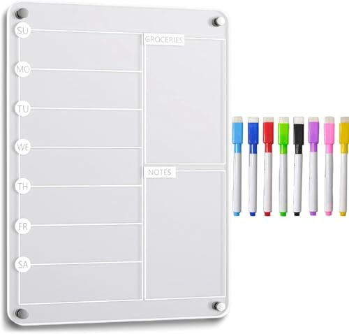 Planificador de menús de nevera, tablero de menú acrílico magnético para cocina, marcadores de nevera, calendario semanal transparente, tablero de notas, pizarra de borrado en seco, lista de compras
