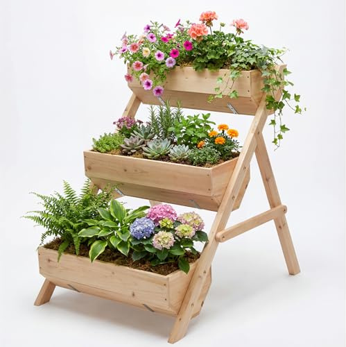 Greenera 3-Tier Raised Garden Bed, Large Wooden Elevated Planter Box for Vegetables, Herbs & Flowers, Natural Wood Plant Stand for Outdoor Patio