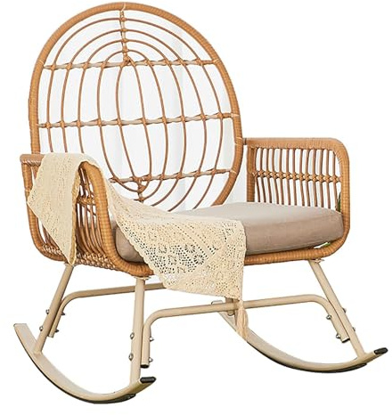 Mecedora de ratán para exteriores con cojines, cómodo sillón de patio para relajación en interiores y exteriores, piel de jardín transpirable, elegante y diseño