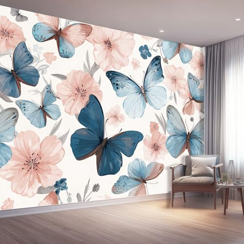 Carta Da Parati Fotografica Pianta Fotografico Murale Per Camera Da Letto Cameretta, 300 x 210 cm Decorazione Murale Carta Da Parati Artistica, Acquerello Fiori Farfalle