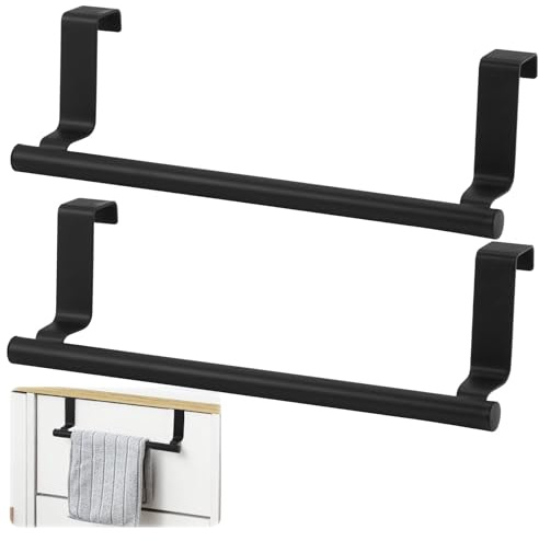 2 Pieces Over the Door Towels Rail, 24x7cm Stainless Steel Kitchen Towel Holder with Anti-Slip Pads, No-Drill Towels Rack Rails, Tea Towel Holder Hanger Storage for Cupboard, Bathroom, Cabinet(Black)