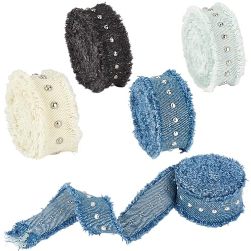 CABODYALS Nastro Denim da 7 m 25mm Frange Sfilacciate Rustiche Passamaneria in Tessuto di Cotone Blu Bianco e Nero Rivetti per Jeans Strisce A Strati Nastri per Cucire Confezioni Regalo BOU