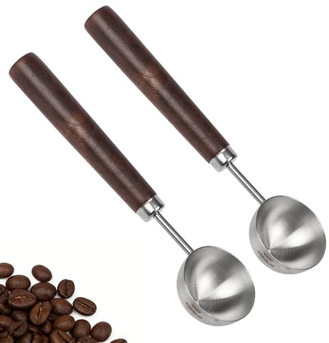 Minicoco Cucchiaio dosatore per caffè, 15 ml, in acciaio inox, vintage, con manico in noce, per caffè macinato, cacao, tè e cottura al forno, 2 pezzi
