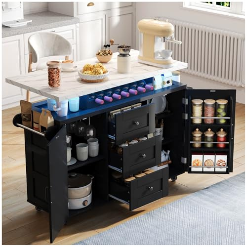 Wyibwy Moderna isola da cucina con piano di lavoro ribaltabile, carrello da cucina dotato di rotelle, cinque rotelle, portapacchi, portabottiglie e portabicchieri, 138 x 42 (60) x 93 cm (Nero)