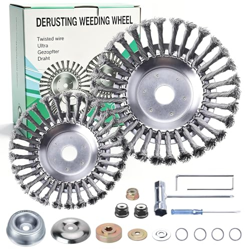 2 Stück Unkrautbürste für Freischneider, Wildkrautbürste für Motorsense, Drahtbürste Freischneider, Edelstahl Bürste inkl Montagezubehör-Set, 25,4 mm Bohrung, Für Effektiven Moos- & Unkrautentfernung