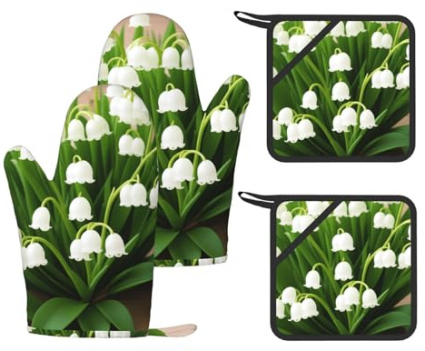 Lilies of the Valley Oven Mitts and Pot Holders Set of 4 Heat Resistant Kitchen Gloves with Silicone Palm Hot Pads for Baking Cooking Grilling BBQ