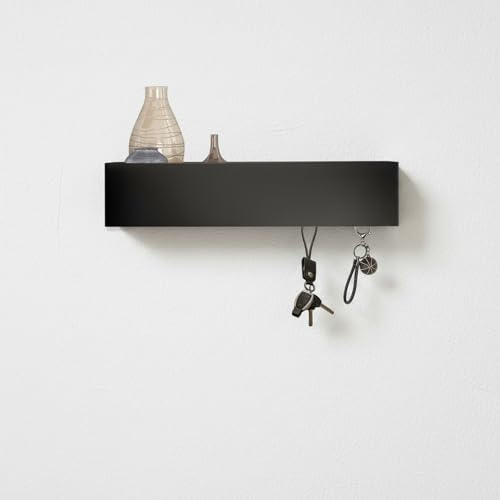 FINELYCR Portachiavi Parete con Mensola, 30 x 7,5 x 6 cm Porta Chiavi da Muro per Casa Nero, Moderno Appendi Chiavi con 5 Ganci, Portachiavi Muro in Metallo e Legno, per Ingresso, Soggiorno, Corridoio