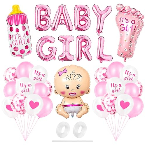 Catelves Babyparty Ballon Set Rosa für Mädchen, BABY GIRL Folienballon, Babyflasche, Babyfuß & Sitzbaby Ballon, 22 Latexballons It's a Girl, Baby Shower Deko für Gender Reveal, Taufe & Geburt