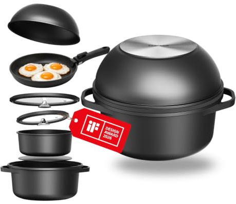 CuliStack® Essential Topfset 8-teilig, Töpfe & Pfannen Set mit abnehmbarem Griff, stapelbar und platzsparend, Antihaft Kochtopf Set und Camping Kochset für Induktion und Ceranfeld, einfache Reinigung
