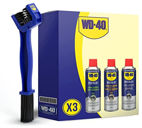 WD-40 Motorbike – Cuidado y mantenimiento cadena con Spray Limpiacadenas 400Ml + Grasa de Cadenas 400Ml + Abrillantador de Silicona 400Ml + cepillo limpia cadenas - Pack 3 unidades + Cepillo