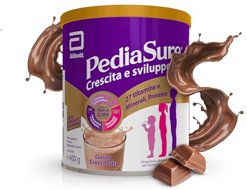 PEDIASURE Crescita e Sviluppo, Integratore Alimentare per Bambini da un anno in su, Multivitaminico con 27 Vitamine e Minerali e Proteine, Confezione 400g, gusto Cioccolato