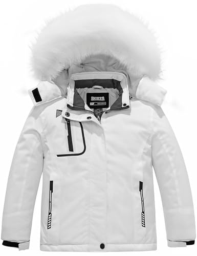 Skieer Girl's Windproof Ski Jacket Waterproof Winter Coats with Hood Outerwear Jacket(White,14-16)