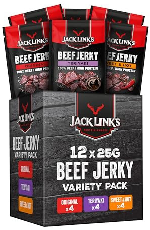 Jack Links Beef Jerky Mischkarton – 12er Pack (12 x 25g) – Trockenfleisch Eiweiß Snacks - High Protein Snack für Gym, Fitness, Outdoor - American Food für Menschen - Dörrfleisch Chips aus Rind Fleisch