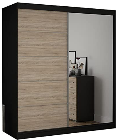 Fabryka Mebli Idźczak Kleiderschrank mit Spiegel - Schwebetürenschrank, Schlafzimmerschrank - Schwarz, Sonoma Schrank für Schlafzimmer, Ankleidezimmer - 61 x 183 x 218 cm - Garderobenschrank