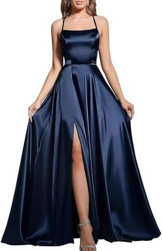 Babyonline D.R.E.S.S. Robe de Soirée Longue avec Traîne Balayage Robe Femme Demoiselle d'honneur Noble en Satin Bleu Marine 40