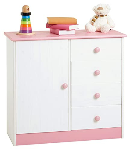 IDIMEX Commode Enfant Rondo lasuré Blanc et Rose en pin Passif Buffet Meuble de Rangement pour Chambre Enfant avec 4 tiroirs et Une Porte