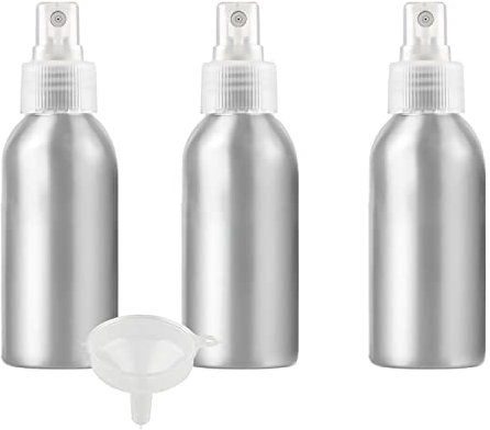 PQPAUTY 3 Piezas Pequeño 120ml botella de spray pulverizador Botella de Aluminio Plata con Bomba en Transparente Niebla Fina Atomizador para Perfume Viaje Artículos de Agua Cosmético, con Embudo