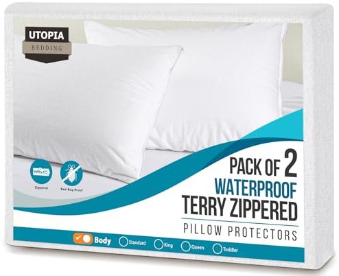 Utopia Bedding Protectores de Almohada con Cuerpo de Cremallera (Paquete de 2), Color Blanco, Funda de Almohada de Rizo Impermeable, Fundas de Almohada a Prueba de chinches y ácaros
