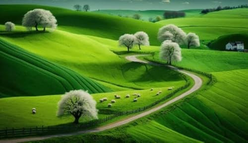 adrium Acryl-Bild 90 x 50 cm: Generative KI, niedliche Farmlandschaft aus Häkeln mit Bäumen, Fluss, grünem Gras, Nutztieren. Verträumte (200934808)