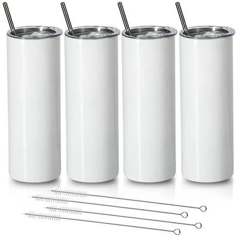 Roundsky Sublimations Becher 20 Oz Schlank Gerade,Edelstahl Sublimation Rohlinge Skinny Tumbler,Mit Deckel und Stroh Halm,4 Packungen