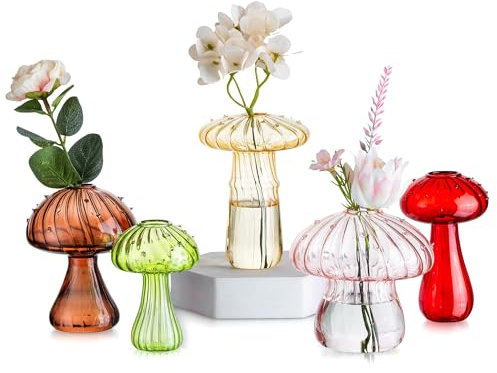 Glasseam Mushroom Flower Vase, Small Bud Vases for Flowers Set of 5, Cute Coloured Glass Vase for Table Decoration, Plant Terrarium for Dinning Centrepieces Kitchen Decor
