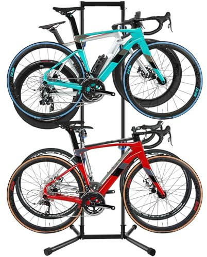 Hutigertech Stand Bike Storage Rack Garage Max 240lbs, Freestanding Gravity Indoor Bike Rack Holds 4 Bikes with Adjustable Arms, Vertical Bike Stand Space Saving for MTB, Road Bike