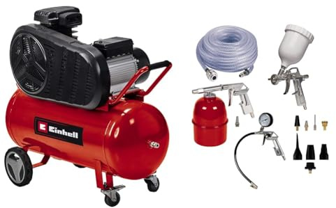 Einhell Compresseur TE-AC 430/90/10 (3000W, 2850 (1/min), capacité d'aspiration 430 L/min, entraînement par courroie, 10 bars max, 90L, pompe lubrifiée à l'huile, haut rendement) + Kit 13 accessoires