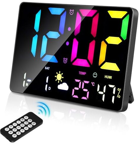 Xakay Digital Wall Clock LED Large Display with Remote Control, 12inch Desk Clocks LED Digital Clock with Temperature, Humidity and Date, 12/24H, 0-100% Dimmer, Desktop Alarm Clock for Home Office