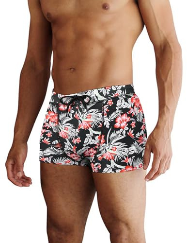 COOFANDY Men's Summer Swim Jammers Square Leg Swimming Briefs Tropical Beach Swimsuit Plant Prints L