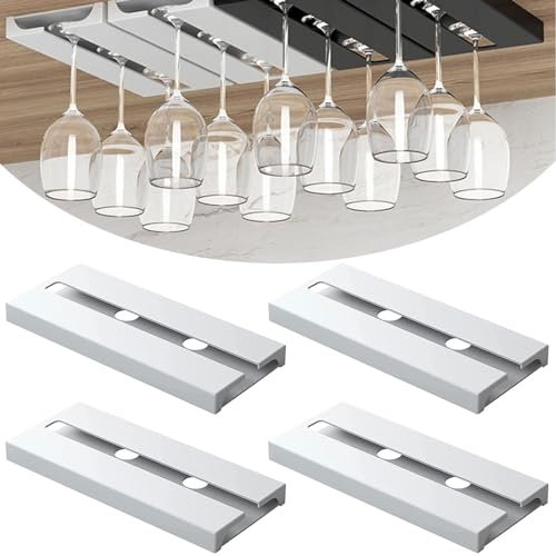 SAMSYOKI 4 Pezzi Porta Bicchieri da Vino Sospeso,Supporto per Calici Vino Senza Foratura,Porta Calici Sottopensile,Portabicchieri Appendere, Scolabicchieri Vino per Bar Ristorante Cucina (Bianco)