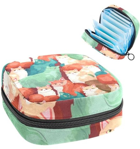Borsa mestruale,Sacchetto di immagazzinaggio del tovagliolo sanitario,Animale di gatti dell'acquarello,Porta tamponi per borsa