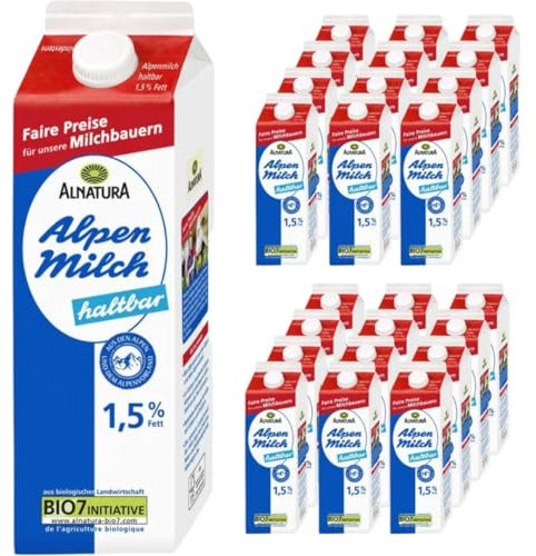 Milch Alnatura fettarme H-Milch 1,5% Fett Haltbare Milch Alpenmilch Milch, je 1 Liter, 24 Stück