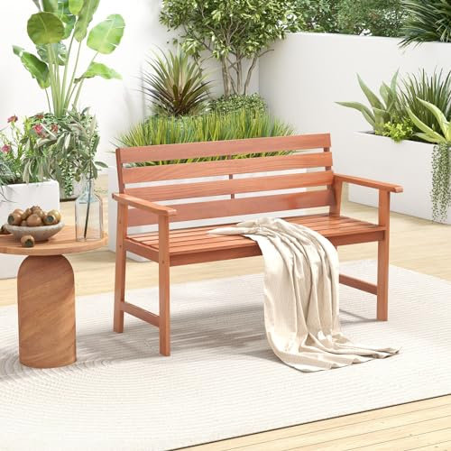 GOPLUS Gartenbank wetterfest, Holzbank 2 Sitzer, Sitzbank Outdoor, Balkonbank mit Rücklehne und Armlehne, bis zu 180kg belastbar, Parkbank Terrassenbank, 120,5 x 64 x 84 cm