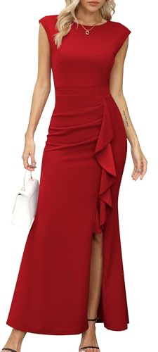 Missufe - Vestido de fiesta maxi para mujer, de noche, con mangas de ala y abertura, corte de sirena, bodycon, para bodas, cócteles, bailes, rojo, XS