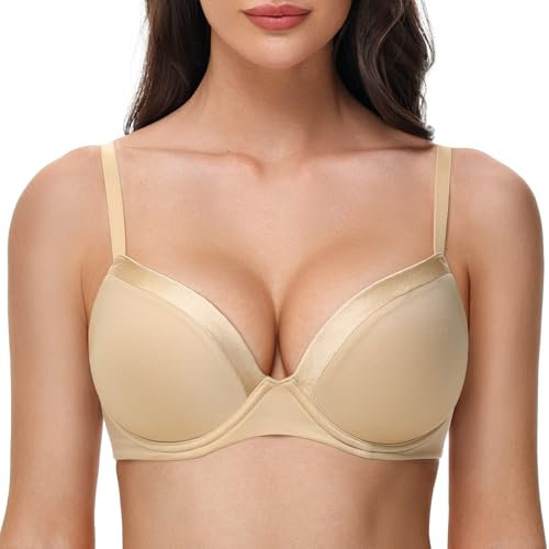Deyllo Women's Push Up T Shirt Bras Deep V Add One Cup Full Coverage Lightly Padded Bra Seamless Underwire(Nude,32E)