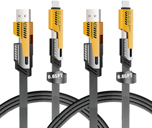 2Pack Multi USB Charger Cable, 4 in 1 Multiple Fast Charging Cable 6.56FT/2M with USB A/USB C to USB C/IP, Data Transfer, Compatible with Phone/Android/Pad/More
