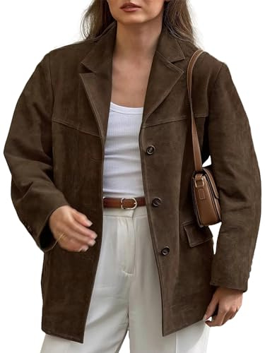 Clásico abrigo marrón de mujer en auténtica piel ante, estilo con solapa, abrigo casual, M