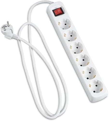 Regleta 6 vías con Interruptor, 1,5 m, 3G, 1,5 mm² Blanca, Ideal para conectar múltiples Dispositivos y Proteger contra sobrecargas.