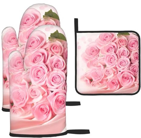 Pink Rose - Set di 3 guanti da forno natalizi e presine, resistenti al calore, ideali per cucinare