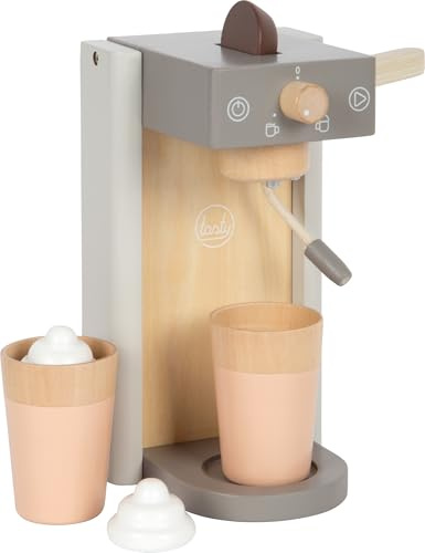 small Foot Kaffeemaschinen-Set grau „Tasty“ aus Holz, mit Kaffeecoins und Milchschaumhauben, Zubehör für die Spielküche, für Kinder ab 3 Jahren, 12680, kindergerecht