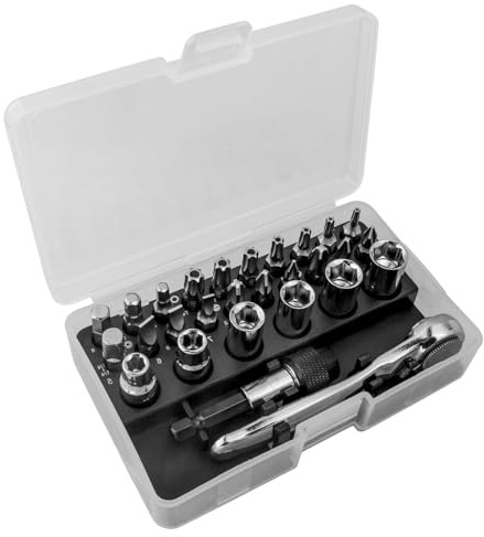 28Pcs Mini Screwdriver Bit and Socket Set, with 72 Tooth Right Angle Ratchet Wrench and Extension Bar, 1/4 Driver Socket and Bit Set - Torx Slotted Hexagon Pozidrive Phillips Bits