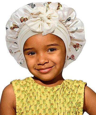 SECRET AROMA Bonnet de Nuit en Satin pour Enfants, Taille Unique, Papillon (beige), Réglable, Classique, Anti-humidité, Reversible, Pour Filles à partir de 2 ans