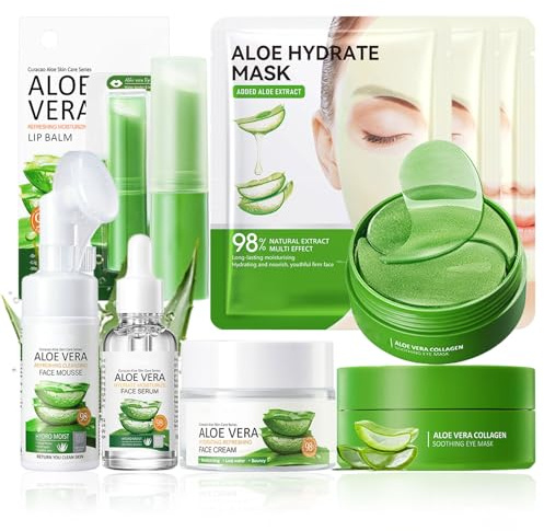 Aloe Vera Skin Care Set, 8 Stück Pflegeset Damen, Gesichtspflege Set für hydratisierend erfrischte Haut, Adventskalender Damen, mit Lippenbalsam, Augenpads, Maske, Creme, Serum, Reinigungsschaum