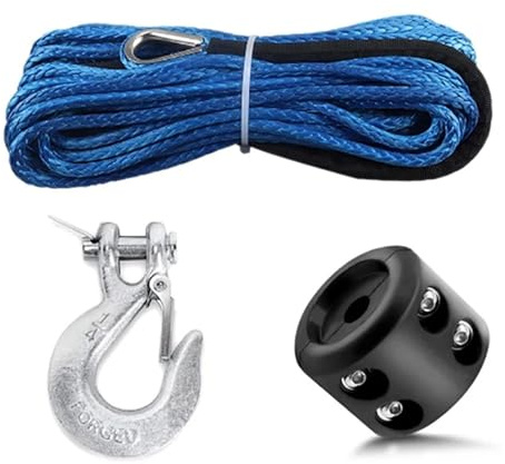 Cuerda de cabrestante sintética Resistente de 1/4'' x 50 pies, 7700 Libras, con Tope de Gancho de Remolque de Goma for ATV, UTV, camión, Accesorios Todoterreno Alta tenacidad(Blue)